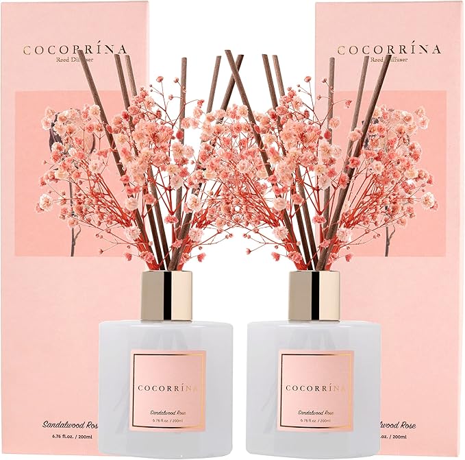 Cocorrína Premium Reed Diffuser Set with Preserved Baby's Breath & Cotton Stick Sandalwood Rose 2 Packs, 6.7oz Scent Fragrance Oil Diffuser for Bedroom Bathroom Home Décor - Bloomnest