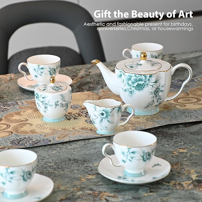 ACMLIFE Bone China Tea Cups and Saucers for 1, 6.8 oz Teacup Set for Adults, with Gold Trim and Gift Box, Blue and White Chinese English British Wedding Tea Set for One Coffee Cup Set (Blue-Leaf) - Bloomnest