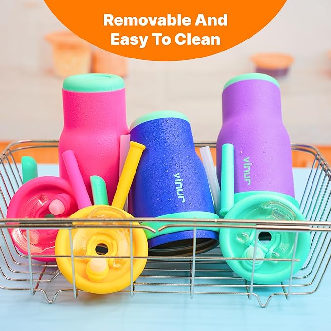 VINUR Kids Tumbler with with Lid and Straw -14 oz Stainless Steel Vacuum Insulated Tumbler Travel Mug with Handle & Silicone Base-Gifts for Girls, Purple - Bloomnest