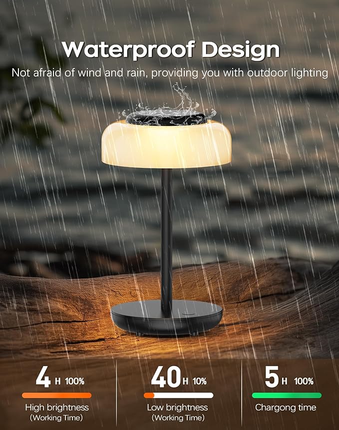 QiMH Battery Operated LED Table Lamp, 5000mAh Rechargeable Cordless Lamp, Stepless Dimmable Touch Control, Small Waterproof Desk Night Light for Living Room, Bedroom, Outdoor Bar (Black) - Bloomnest