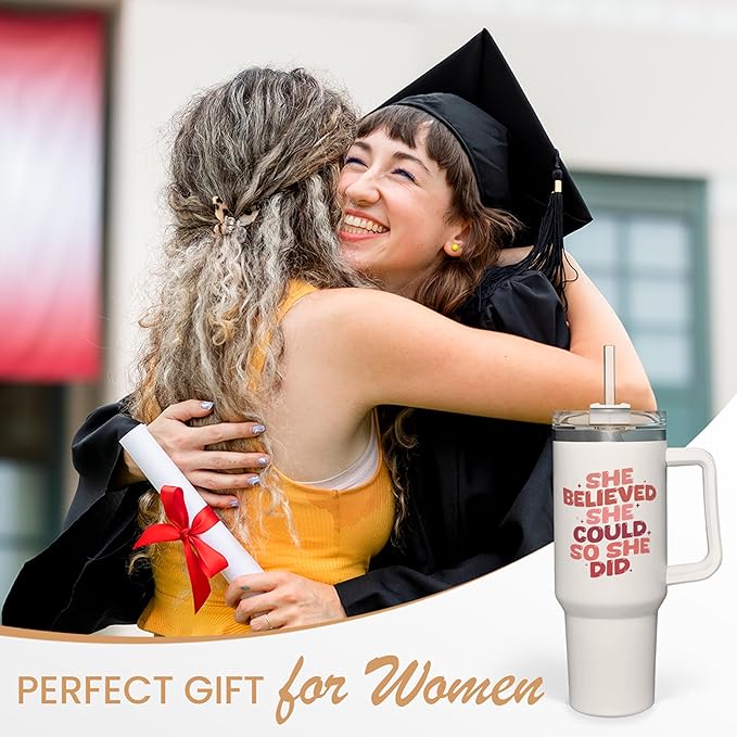 SANDJEST Graduation Gifts for Women She Believed She Could So She Did Tumbler 40oz Stainless Steel Insulated with Handle and Straw, New Job, Going Away, Inspirational Gifts for Her - Bloomnest
