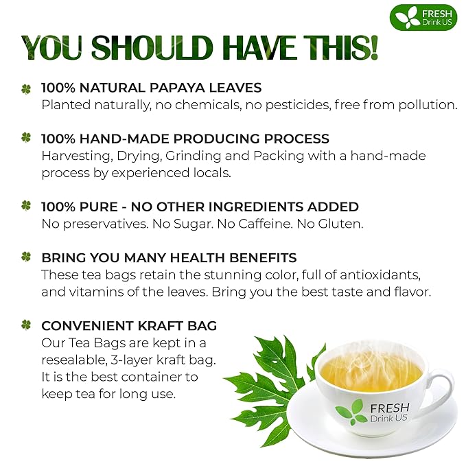 FreshDrinkUS, Premium 75 Papaya Leaf Tea Bags, 100% Natural & Pure from Papaya Leaves. Loose Leaf Papaya Herbal Tea. Made with Natural Material Tea Bags. No Sugar, No Caffeine, No Gluten, Vegan. - Bloomnest