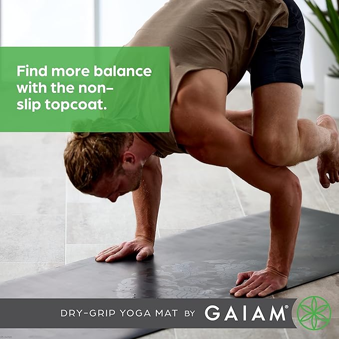 Gaiam Dry-Grip Yoga Mat - 5mm Thick Non-Slip Exercise & Fitness Mat for Standard or Hot Yoga, Pilates and Floor Workouts - Cushioned Support, Non-Slip Coat - 68 x 24 Inches - Bloomnest