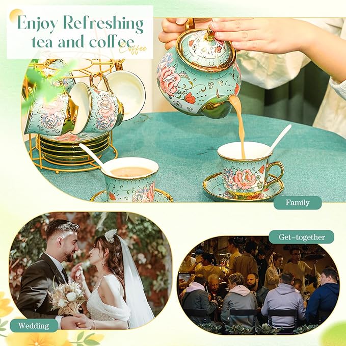 20 Pcs Porcelain Tea Set for Adults with Metal Holder and Spoon European Ceramic Tea Party Set Flower Painting Teapot Cup Saucer for Christmas Women Gifts, Serving 6 People(Modern) - Bloomnest