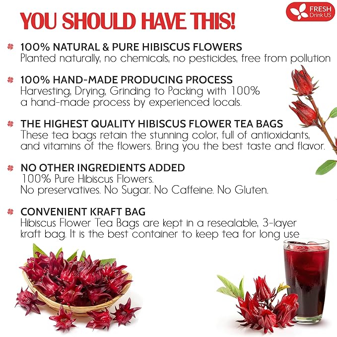 FreshDrinkUS, Premium 60 Hibiscus Flowers Tea Bags, 100% Natural & Pure, Loose Flower Herbal Tea. No Sugar, No Caffeine, No Gluten, Vegan. Great To Drink Hot Or Ice Tea - Bloomnest