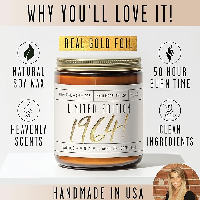 61st Birthday Gifts for Women - 'Limited Edition 1964' Soy Candle, w/Champagne on Ice I 61 Birthday Gifts for Women I 61st Gift for Her Ideas I 9oz Reusable Jar, 50Hr Burn, Made in USA - Bloomnest