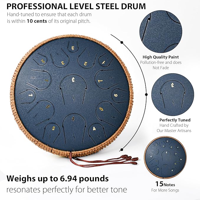 Steel Tongue Drum - 14 Inch 15 Note Tongue Drum - Hand Pan Drum with Music Book, Handpan Mallets and Carry Bag, C Major, Navy Blue - Bloomnest