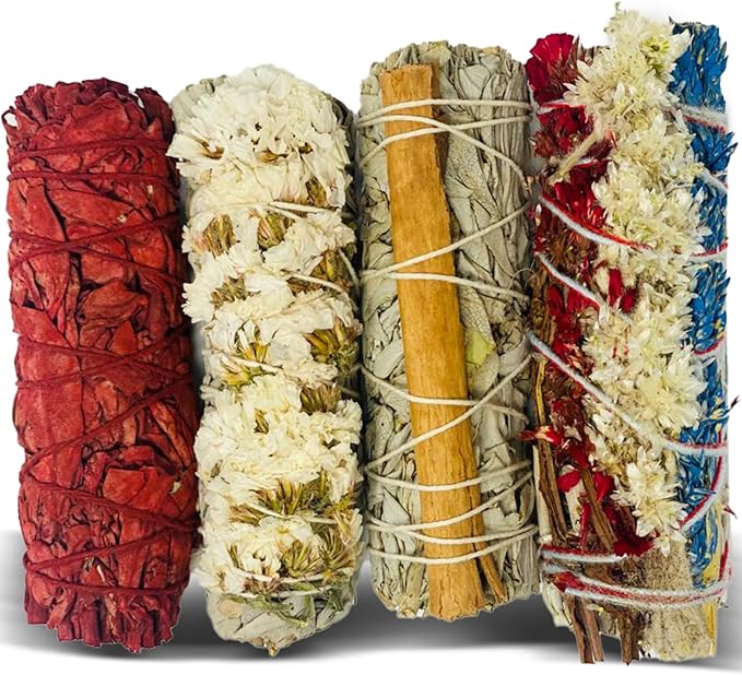Sage Smudge Kit for Cleansing Negative Energy and Cleansing Home Sinuata, Dragon Blood, Cinnamon and Triple Flower Dried - 4'' Long Pack of 4 White California Sage Sticks - Bloomnest