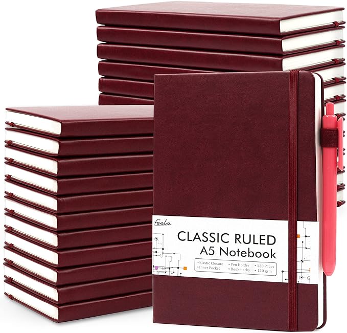 feela 24 Pack Journal Notebook for Work, Business Notebook Bulk Hardcover Lined Writing Journal with Pen Holder for Men Women Note Taking, with 24 Black Pens, 120 GSM, 5.1”x8.3”, A5, Wine - Bloomnest