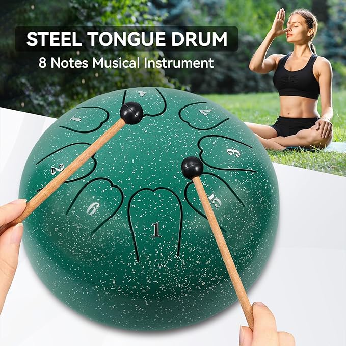 Rain Drum for Outside 6 inch 8 Notes, Steel Tongue Drume with Mallets for Musical Education Entertainment Gifts (Green, 6 Inch)