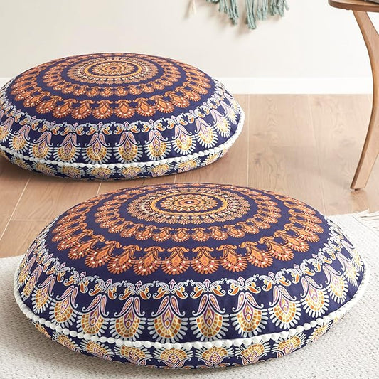 Codi Floor Pillows for Sitting Set of 2, Large Meditation Cushions for Adults with Memory Foam, Bohemian Mandala Round Seating for Outdoor Yoga and Living Room, Washable，32 Inch, Yellow