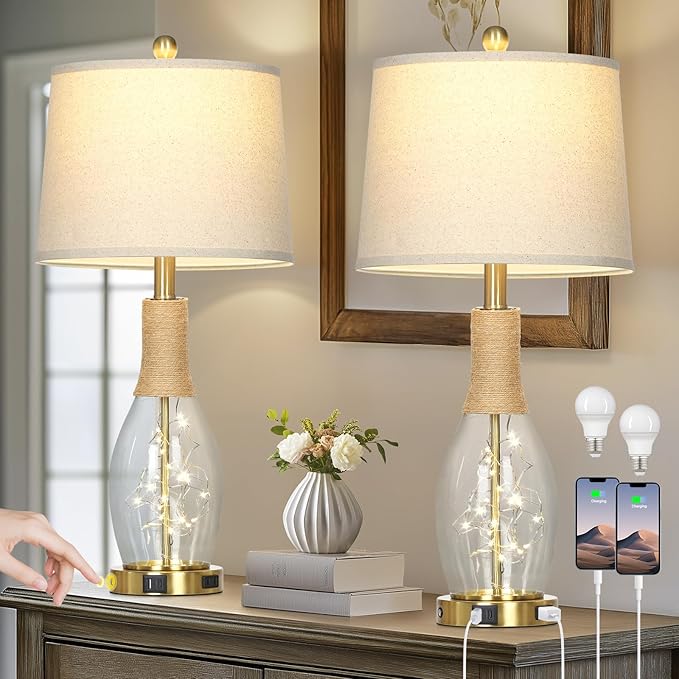 27.5" Coastal Glass Table Lamps Set of 2, Touch Control 3-Way Dimmable Modern Table Lamps with USB A+C Ports & AC Outlets, Farmhouse Rustic Boho Vintage Night Light for Living Room Bedroom Gold Ocean - Bloomnest