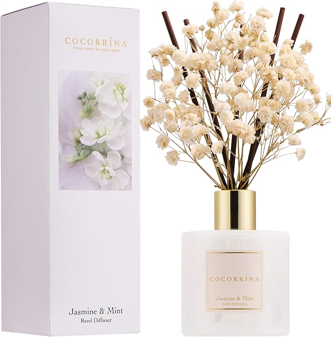 COCORRÍNA Reed Diffuser - Jasmine & Mint 6.7 Fl.oz Reed Diffuser Set with Sticks & Preserved Baby's Breath, Reed Diffuser for Home Bathroom Shelf Decor - Bloomnest