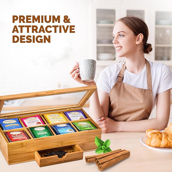 Bambüsi Tea Box Organizer with Drawer - 8 Compartment Bamboo Wooden Tea Storage Chest with Acrylic Window & Magnetic Lid - Tea Accessories & Gift Set for Women, Birthdays, House Warming Gifts New Home - Bloomnest