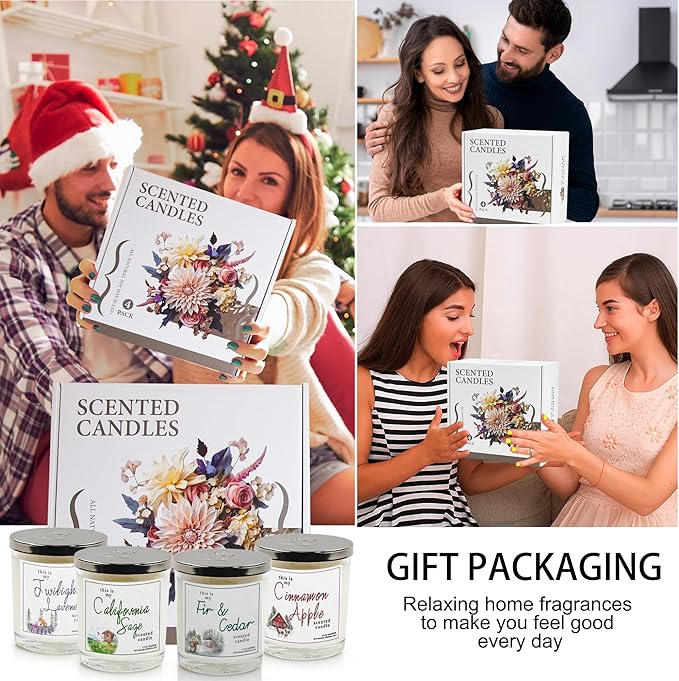 4 Pack Large Jar Candles with Double Wicks, Scented Candles for Home, 11.3oz Each, 240 Hour Burn Time, Aromatherapy Gift Set for Women, Cinnamon Apple, Lavender, Fir & Cedar, California Sage - Bloomnest
