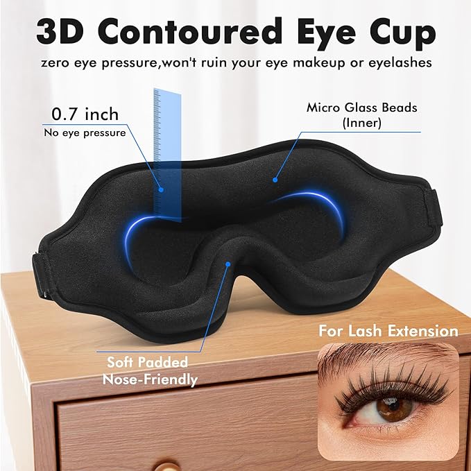 Weighted Eye Mask for Sleeping, 3D Contoured Sleep Mask Blackout with Adjustable Strap, Lash Extensions Sleeping Mask for Travel, Eye Cover Blindfold for Men Women (Black, 4.6oz) - Bloomnest