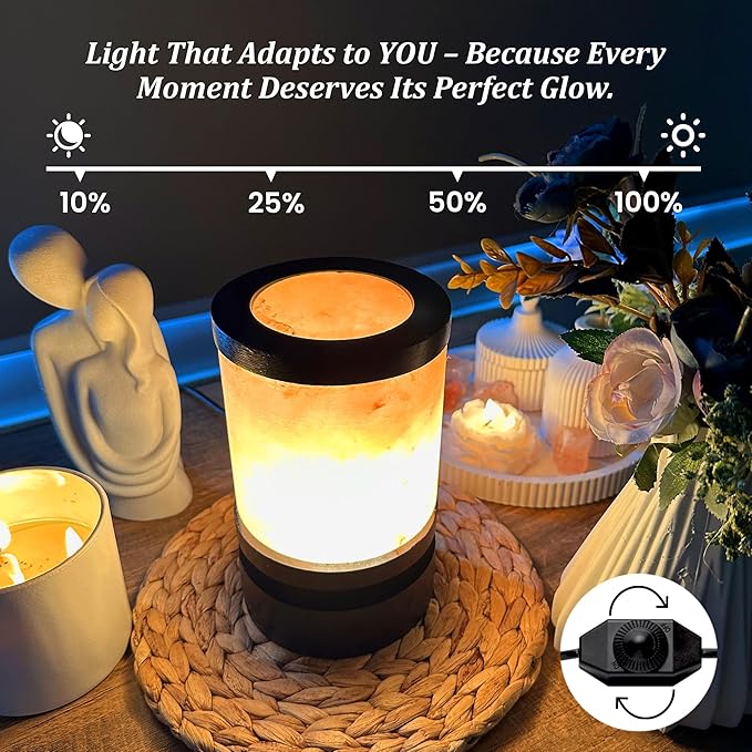 POHS Himalayan Pink Salt Round Lamp with Premium Black Polished Wooden Base, 60'' Long Dimmer Switch Cord and Two Light Bulbs; Hand Crafted,for Home, Office and Gift for Christmas