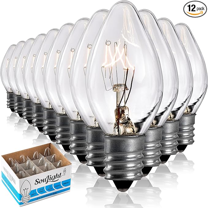 7 Watt Night Light Replacement Bulbs - 12 Pack Salt Lamps, Crystal Clear Glass,C7/7 Watt/120 V/45 Lumen,E12 Candelabra Base Incandescent Bulbs - Bloomnest