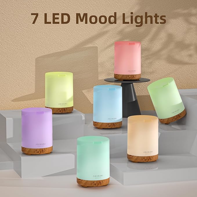 ASAKUKI Essential Oil Diffuser, Aromatherapy Cool Mist Home Humidifier with 7 LED Color Changing Light and Auto-Off Safety Switch, 6 Essential Oils Set, 300ml (Brown with Oils) - Bloomnest