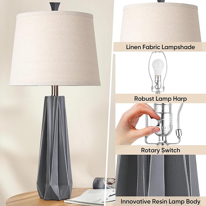 WIHTU 3 Color Temperature Table Lamps Set of 2, 27'' Grey Modern Table Lamp for Living Room, Beside Lamp with Linen Shade, Resin Desk Lamp for Nightstands Bedroom Decor (2 Bulbs Included) - Bloomnest