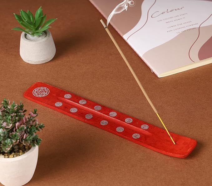 Bless-International Traditional-Handmade-Burner Wooden-Incense-Stick-Holder Ash-Catcher-Stand for-Aromatherapy-Meditation-Yoga (Fire Red) 10 Inches, Pack of 2 - Bloomnest