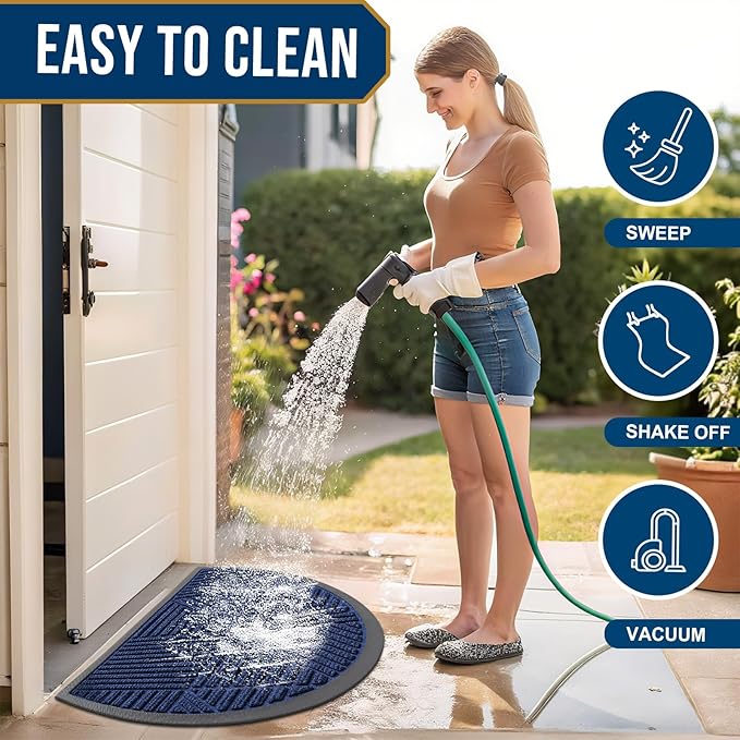 Smiry Half Circle Front Door Mat Outside Entrance, Heavy Duty Sturdy Natural Rubber Doormat, Trap Dirt and Moisture, Low Profile Mats for Indoor Outdoor Entry, Irregular Triangle (47x32, Navy Blue) - Bloomnest