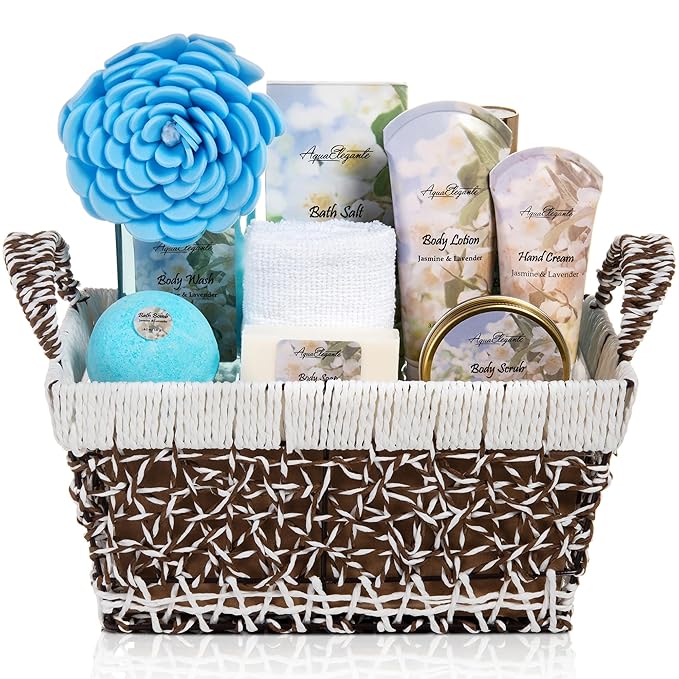 Spa Baskets For Women - Luxury Bath Set With Jasmine & Lavender - Spa Kit Includes Wash, Bubble Bath, Lotion, Bath Salts, Body Scrub, Hand Cream, Shower Puff, Bathbombs, Soap and Towel - Bloomnest