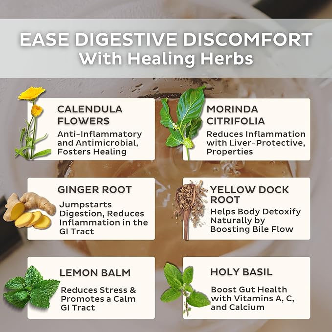 Trust Your Gut Organic Herbal Tea Blend – Lemon Balm, Holy Basil, Dandelion & Ginger Root – Supports Healthy Digestion & Gut Balance – Acai Berry, 30 Bags - Bloomnest