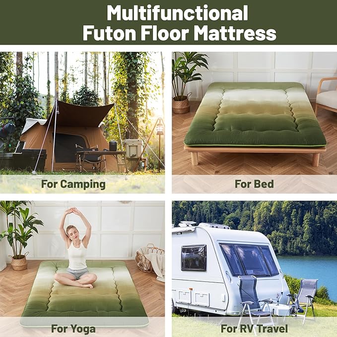 Japanese Floor Mattress, Futon Mattress with Portable Storage Bag and Washable Cover, Roll Up Thick Tatami Mat Suitable for Camping, Guest Room (Forest Gradient, Queen) - Bloomnest