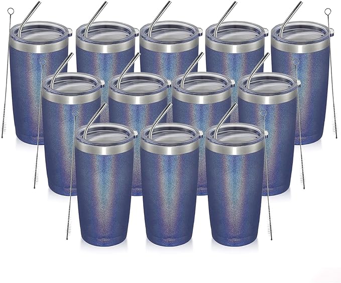 MEWAY 20oz Tumbler 12 Pack Double Wall Vacuum Insulated Travel Glitter Mug Bulk, Stainless Steel Tumblers with Lid and Straw, Powder Coated Coffee Cups for Woman(Rainbow Navy,Set of 12) - Bloomnest