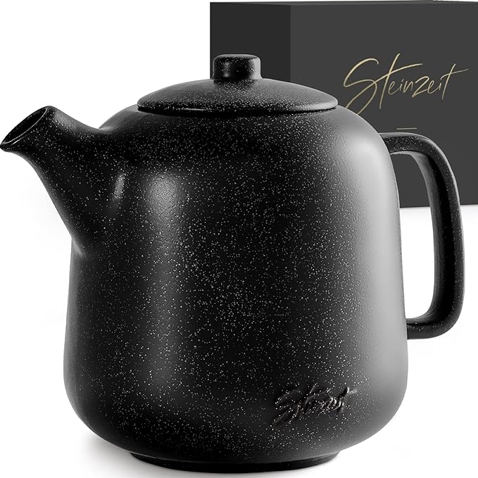 Steinzeit Design Tea Pot (44 oz) - Premium Ceramic Teapot with Infuser for Loose Tea - Black Teapot Ceramic with Removable Strainer - Bloomnest