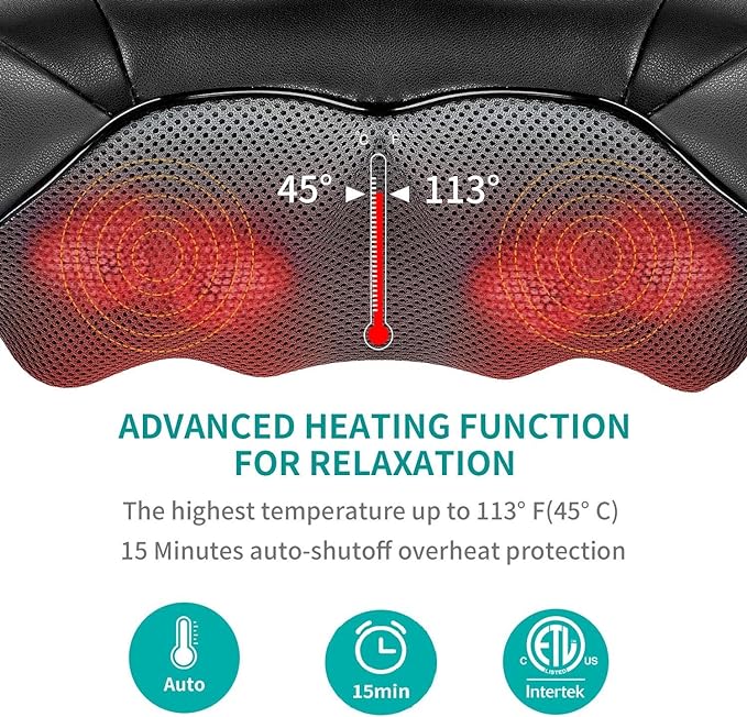 Nekteck Shiatsu Neck Massager for Pain Relief Deep Tissue with Heat, 3D Kneading Massage Pillow Back Shoulder Massagerfor Body Muscle, Plug-in Use for Home Office Car, Gifts for Mom Dad Him Her