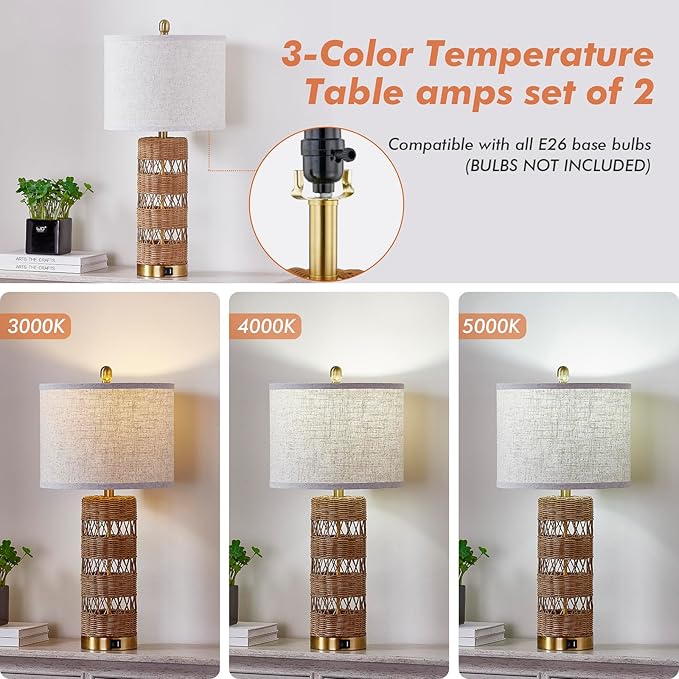 Boho Rattan Stylish & Functional & Versatile Decor USB Table Lamps Set of 2-28" Farmhouse Bedside Lights,Bulbs Included - Bloomnest