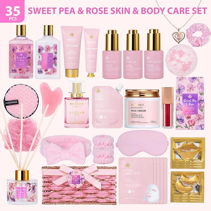 35 Pcs Valentines Day Gifts Basket for Women, Rose Bath and Body Gift, Facial Skin Care Set, Self Care Pampering Kit, Face Sheet Mask, Home Spa, Perfume, Birthday, Mother Day, Bridal Shower - Bloomnest