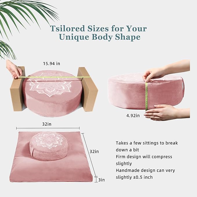 Meditation Zafu Cushion Set with Buckwheat Hulls & Memory Foam - Ergonomic Support for Yoga & Sitting - Removable Machine-Washable Luxury Velvet Cover - for Adults and Kids (Pink)