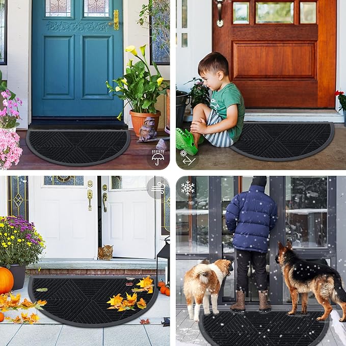 Smiry Half Circle Front Door Mat Outside Entrance, Heavy Duty Sturdy Natural Rubber Doormat, Trap Dirt and Moisture, Low Profile Mats for Indoor Outdoor Entry, Irregular Triangle (47x32, Black) - Bloomnest