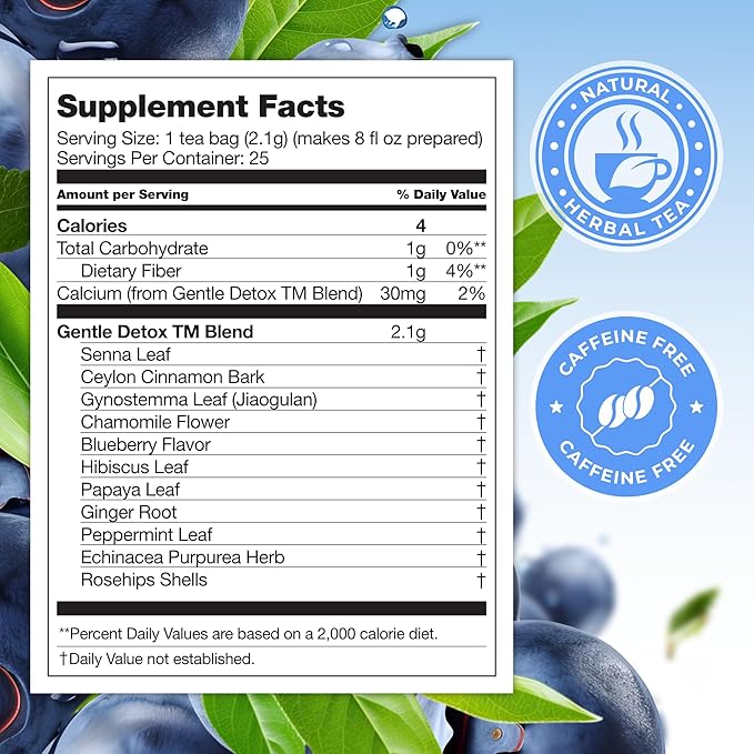 Total Tea SIimming Detox Tea Caffeine Free - 25 Day Detox - Herbal Tea with Chamomile, Hibiscus Tea & Ginger Root for Colon Cleanse – Natural Bluebberry Fruit Tea - Bloomnest