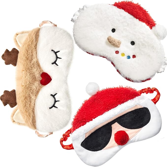 3 Pieces Christmas Eye Masks for Boys and Girls Sleeping Mask for Kids Sleep for Christmas, Santa Snowman Reindeer Cute Soft Plush Blindfold Gifts for Children Family Party Present - Bloomnest