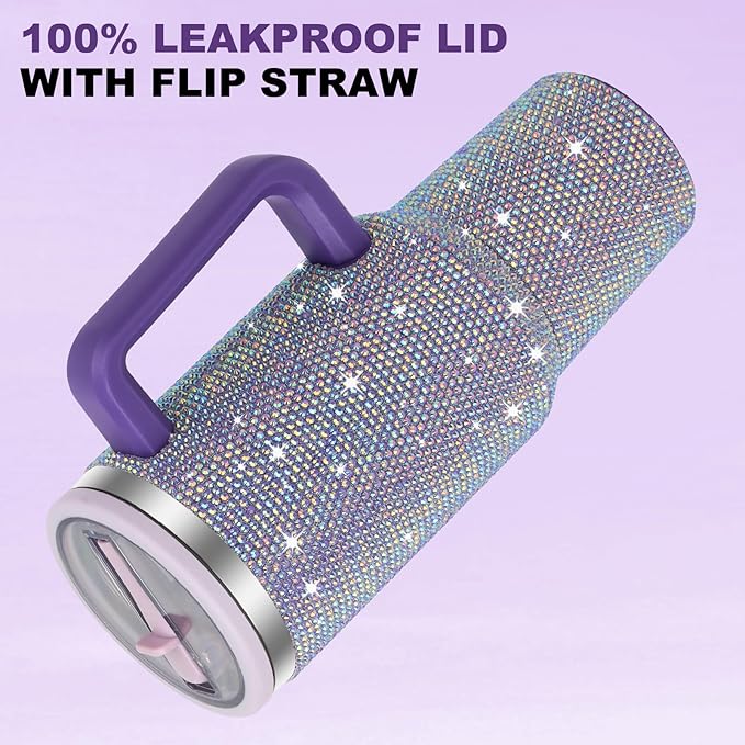 40 oz Tumbler with Handle and Flip Straw Lid, Insulated Leak Proof Double Walled Stainless Steel Rhinestone Diamond Studded Bling Travel Mug Tumblers, Maintains Cold Ice and Heat for Hours - Bloomnest