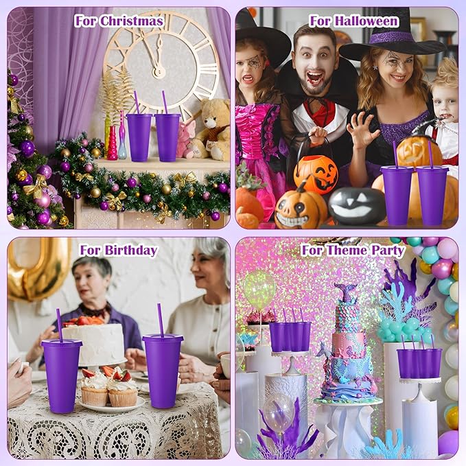 Honeydak 60 Pack Tumbler with Straw and Lid Bulk Water Bottle Iced Coffee Travel Mug Cup Reusable Plastic Cups for Party Birthdays 24-27 oz (Purple Color) - Bloomnest