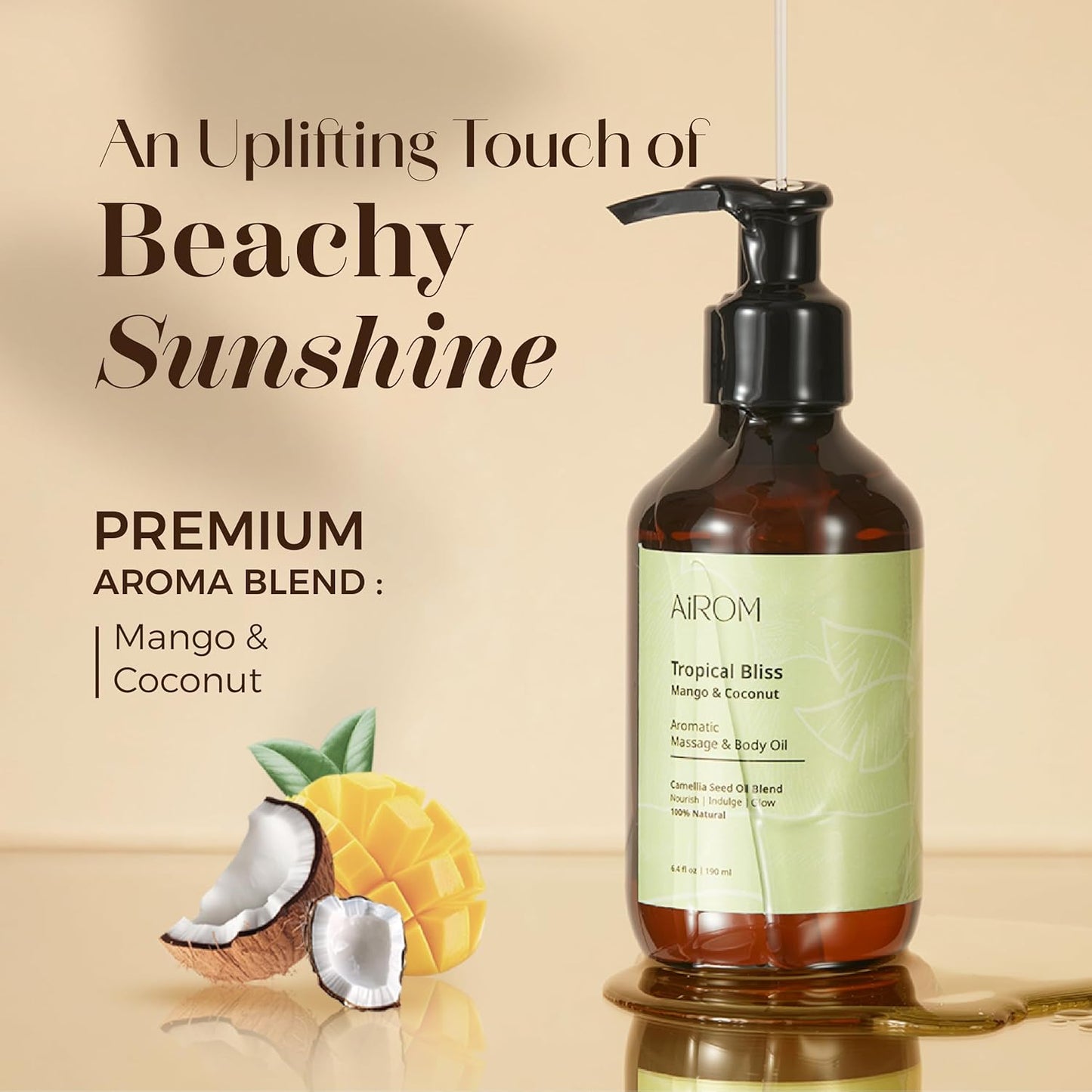 AiROM Mango & Coconut Massage Oil for Massage Therapy – Tropical Bliss - Scented Body Oil for Women – Hypoallergenic, Relaxing Aromatherapy, Non-Greasy, Nut-Free - 6.4 fl oz