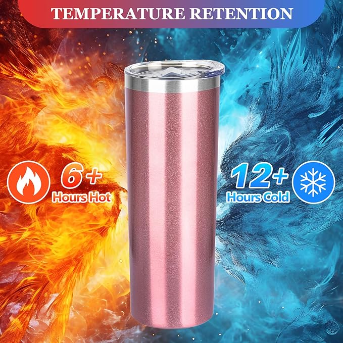 20 oz Skinny Tumblers with Lid and Straw,Stainless Steel Vacuum Insulated Tumbler Cup Double Wall Travel Coffee Mug, Thermal Water Tumbler for Hot and Cold Drinks(Rose Gold,4) - Bloomnest