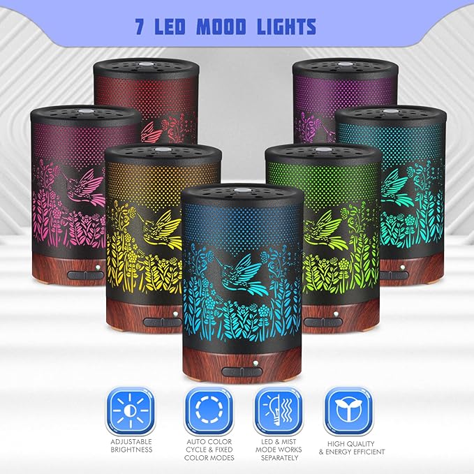 Metal Essential Oils Diffuser 150ML Aromatherapy Diffuser Cool Mist Humidifier with 7 Colors Lights Waterless Auto Off Air Diffusers as Gifts for Moms Women Girls (D-Hummingbird) - Bloomnest