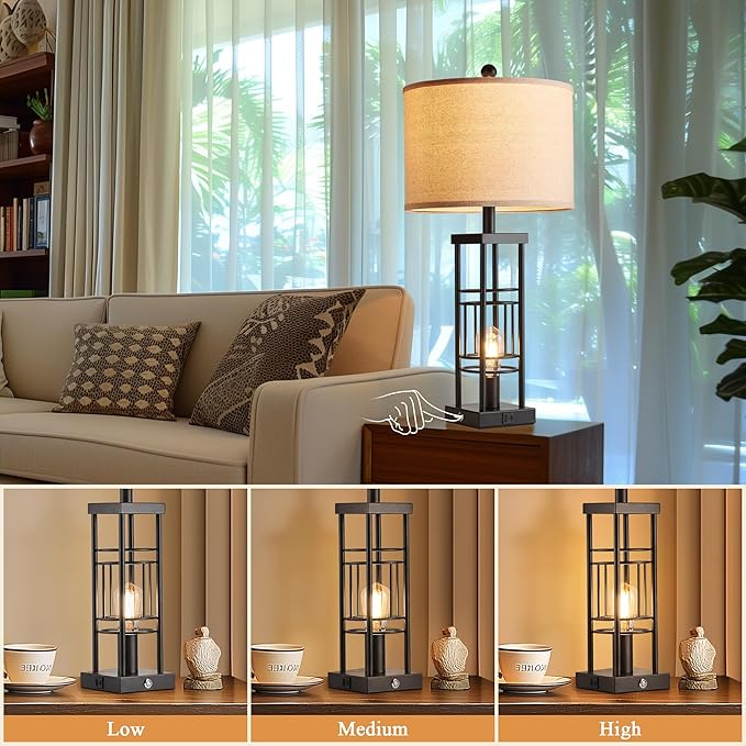 Table Lamp for Living Room Set of 2 with USB Charging Ports, 3-Way Dimmable 27.6" Farmhouse End Lamps for Bedroom, Rustic Bedside Lamp, Industrial Nightstand Lamps,Bulbs Included(Black) - Bloomnest