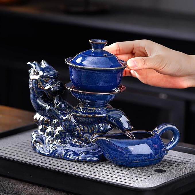 Semi Automatic Tea Set Ceramic Teapot with Infuser Magic Teapot with 8 cups (Dark Blue Dragon-B) - Bloomnest