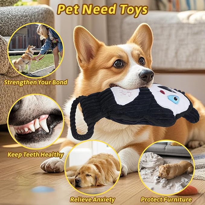 2-Pack Squeaky Dog Toys & Tough Tug of War Set - No Stuffing Chew-Resistant Plush Toys to Keep Them Busy, Best Birthday Gift for Small/Medium/Large Breeds (Panda & Dino) - Bloomnest