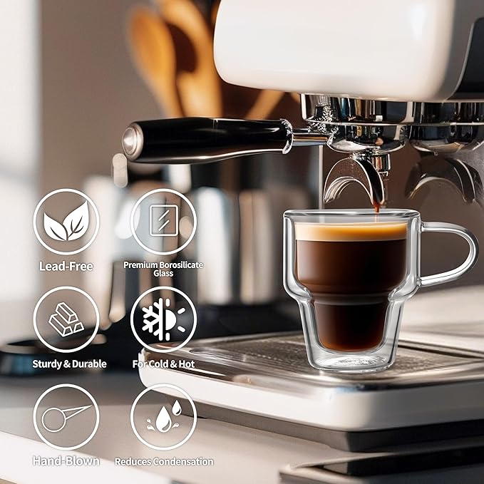 NIRA.Z 4 Pack Double Wall Glass Coffee Mugs 10 OZ Insulated Espresso Cups with Handle, Stackable Thermal Glass Coffee Cups, Ideal for Hot & Cold Drinks, Juice, Americano, Latte, Tea Bags, Cappuccinos - Bloomnest