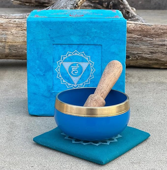 DharmaObjects Tibetan Throat Chakra Premium Palm Size Singing Bowl Gift Box Set - Bloomnest