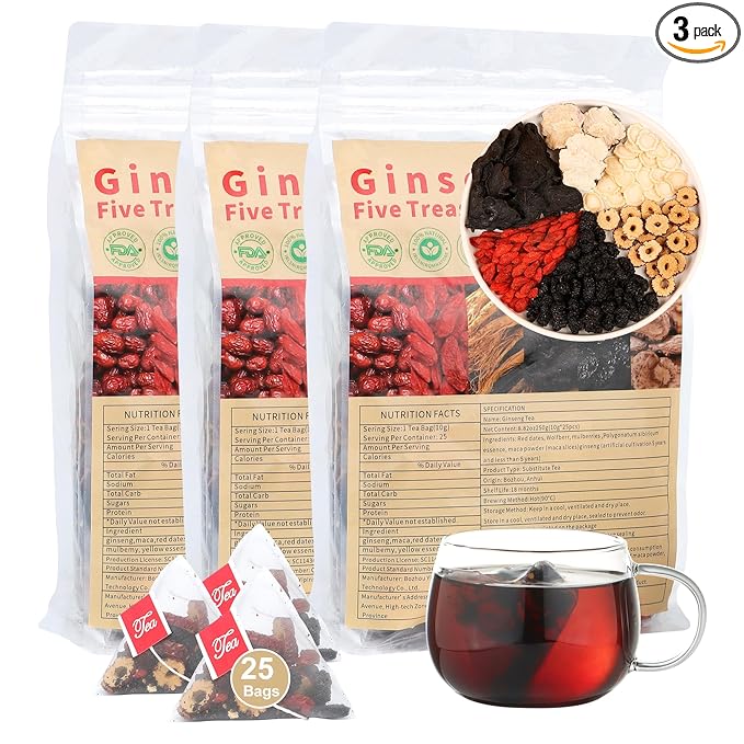 Ginseng Five Treasures Tea,Traditional Chinese Herbal Teas,Kidney Cleanse Detox for Women & Men,6 Rare Ingredients,Organic Tea for Health(3 Pack/75 Bags) - Bloomnest