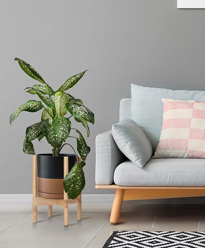 D'vine Dev Ceramic Planter with Natural Stand - 10 Inch Modern Round Flower Pot with Wood Planter Holder, Black/Speckled Tan, 55-B-K-7 - Bloomnest